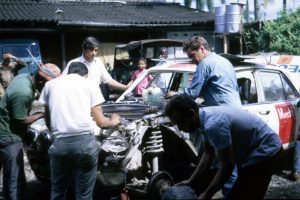 Peugeot 504, car 6, after final crash in 1970 WCR being repaired image 02
