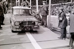 Mini 1275GT car 59 at the start of the 1970 World Cup Rally. reg XJB 308H