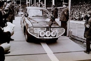 Saab V4 reg number NKX 8H car 51 at the start of the 1970 World Cup Rally