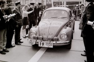 VW Beetle car 19 at start of the World Cup Rally 1970