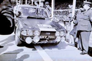 Triumph 2.5PI reg number UKV 701H Brian Englefield at the wheel, Lloyd Hirst sat beside him and in the rear is navigator, Keith Baker