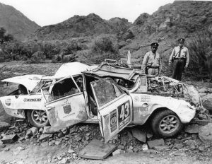 Triumph 2.5PI car 43 in the 1970 World Cup Rally crewed by Cowan Coyle Ossio car-crash