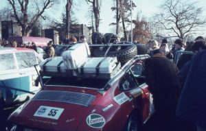 Porsche 911 car 55 at the start of the 1968 London to Sydney Marathon Rally