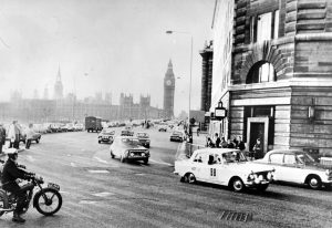 Mosvitch 408 car 98 in London during the 1968 London to Sydney Marathon Rally