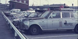 Rolls Royce Silver Shadow World Cup Rally 1970 car waiting at Cuxhaven West Germany to be shipped back to the UK.