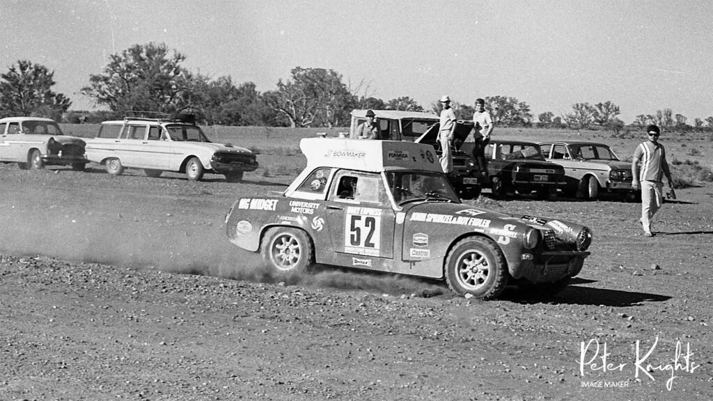1968 London to Sydney Marathon #52 MG Midget of John Sprinzel  Roy Fidler @ Brachina Control - South Australia - 16-12-1968